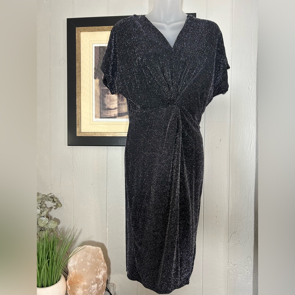 Black sparkling dress. V neck.  Gather at waist.